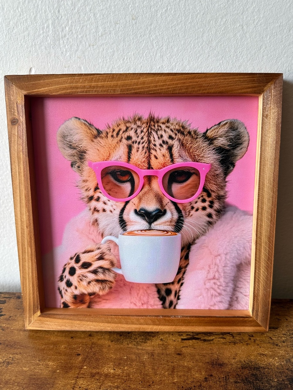 Cheetah Framed Wooden Art Wall Decor with Pink Glasses, Robe and Coffee NWT